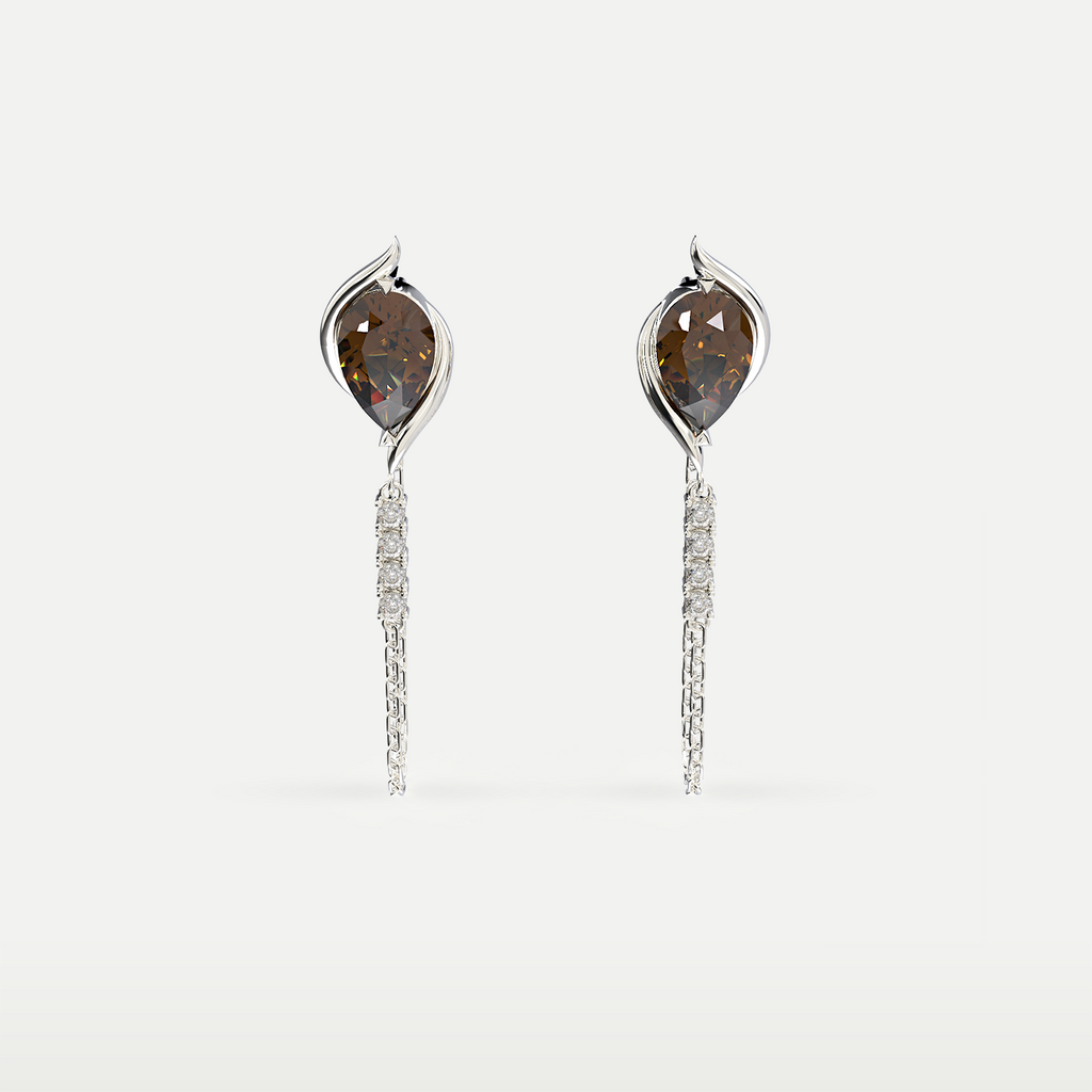 Smoky Quartz Chain Drop Earrings in 925 sterling silver, front view of the pear-cut smoky quartz studs with long chain drops on white