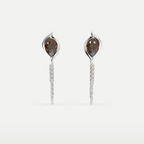 Smoky Quartz Chain Drop Earrings in 925 sterling silver, front view of the pear-cut smoky quartz studs with long chain drops on white