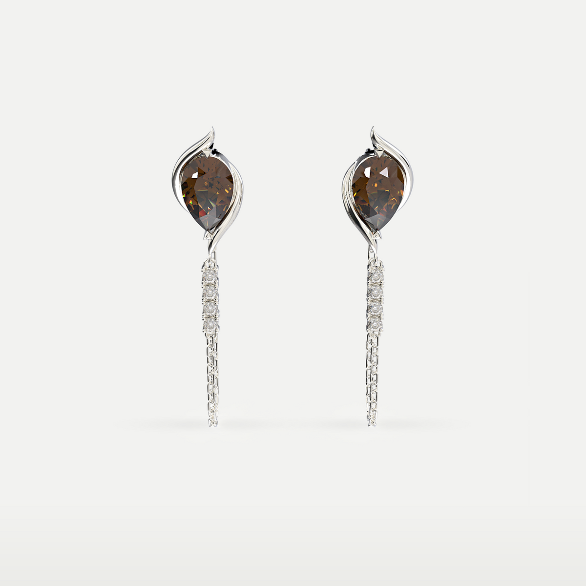 Smoky Quartz Chain Drop Earrings in 925 sterling silver, front view of the pear-cut smoky quartz studs with long chain drops on white