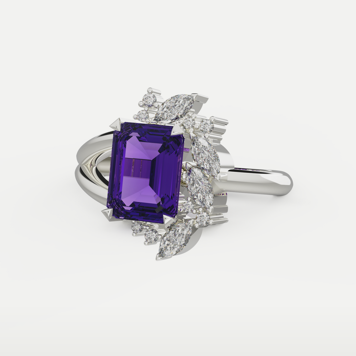 Violet Crown Ring in 925 sterling silver, angled view showing the amethyst crown of CZ accents