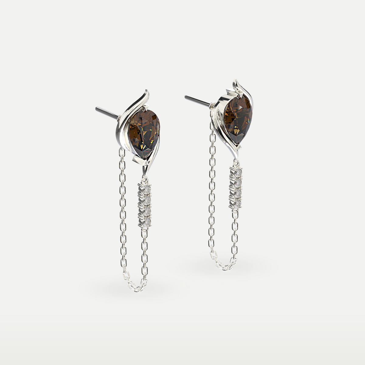 Smoky Quartz Chain Drop Earrings in 925 sterling silver, angled view showing the posts and chain draping from the smoky quartz
