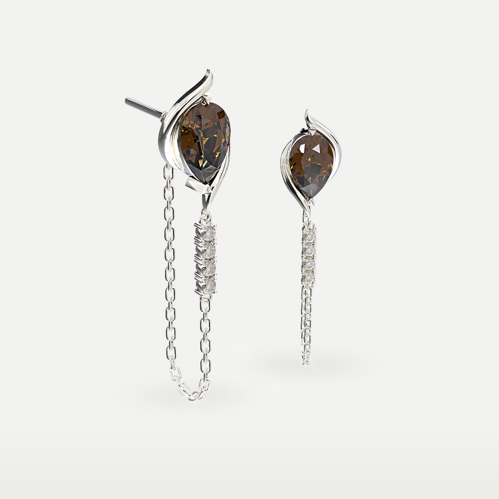 Smoky Quartz Chain Drop Earrings in 925 sterling silver, three-quarter view of the pair with chain detail