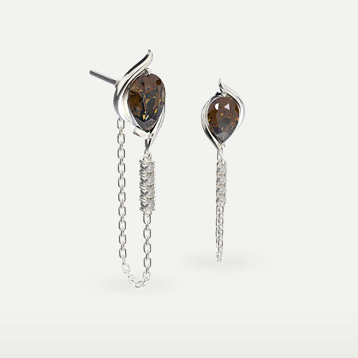 Smoky Quartz Chain Drop Earrings in 925 sterling silver, three-quarter view of the pair with chain detail