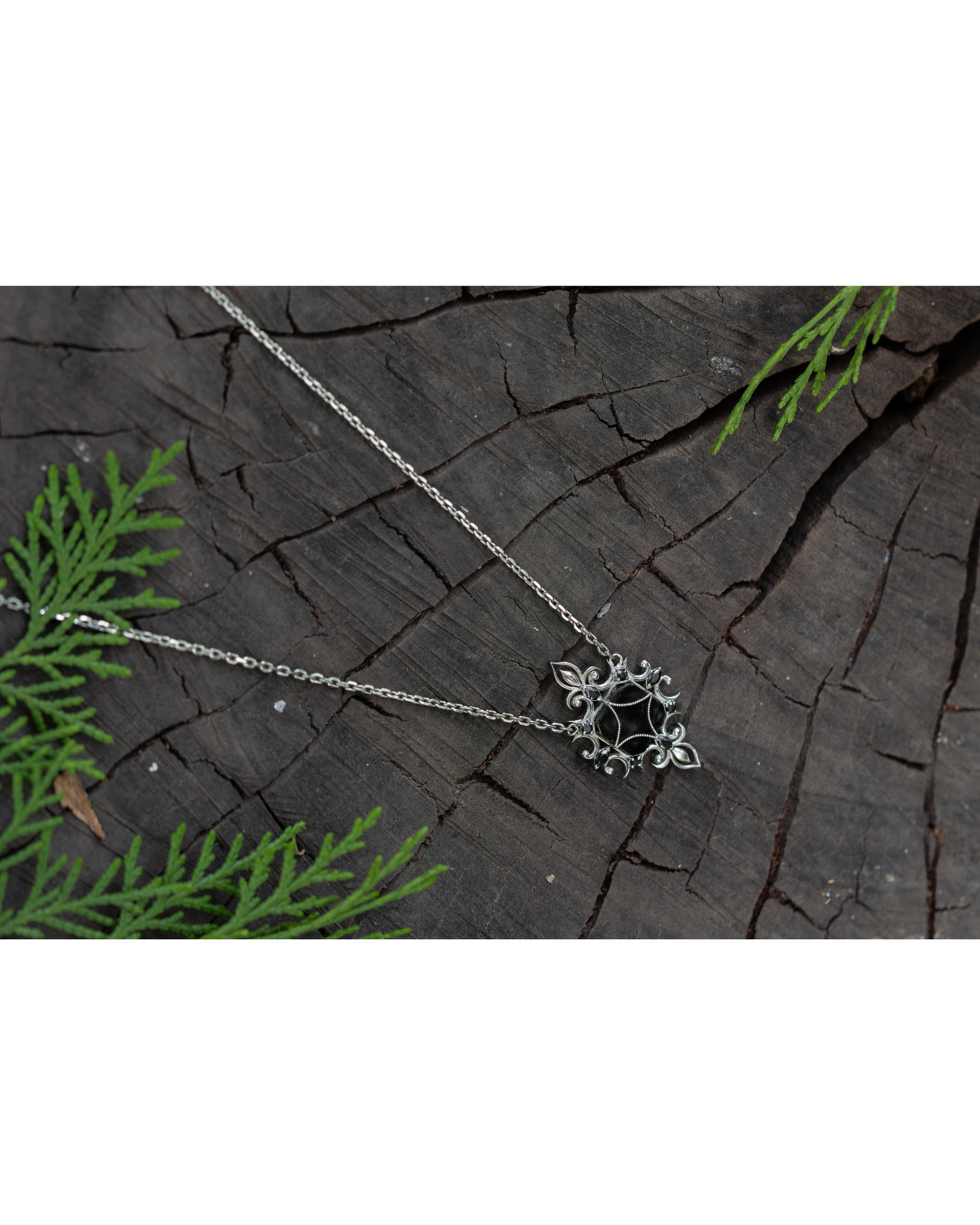 Black Onyx Pendant Necklace in 925 Sterling Silver | Gothic Floral Necklace