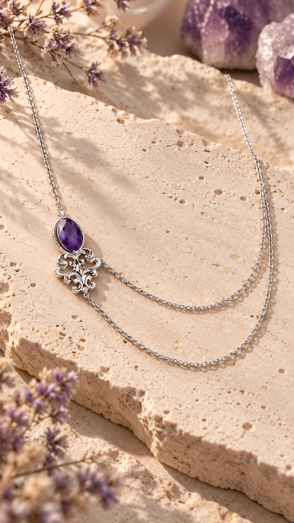 Natural Amethyst Layered Necklace in 925 sterling silver, styled flat on a travertine stone surface