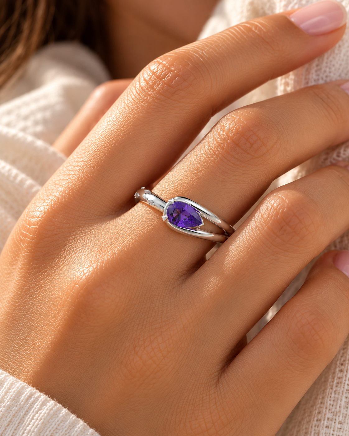 Adjustable Violet Dew Ring with Natural Amethyst & CZ | 925 Sterling Silver