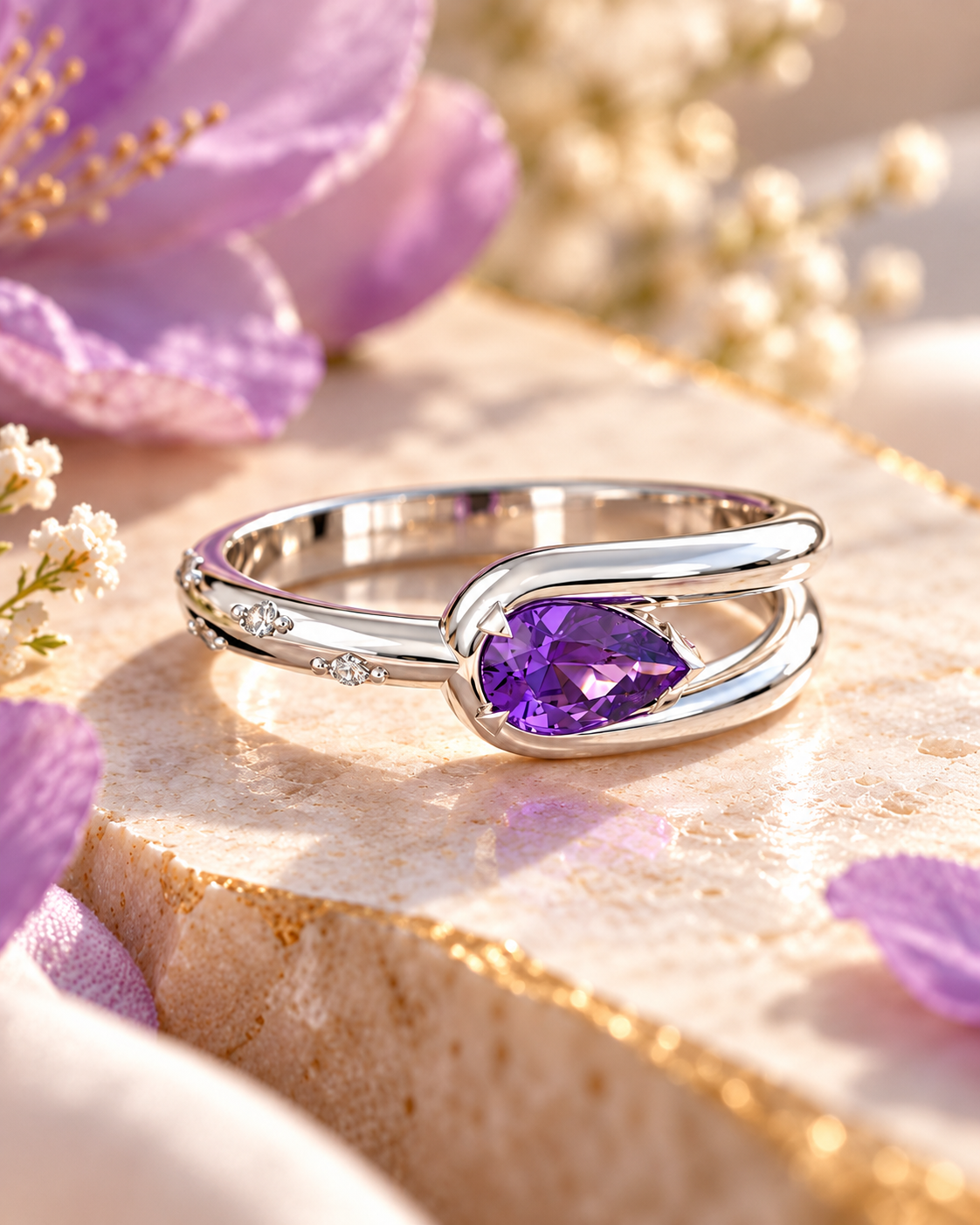 Adjustable Violet Dew Ring with Natural Amethyst & CZ | 925 Sterling Silver