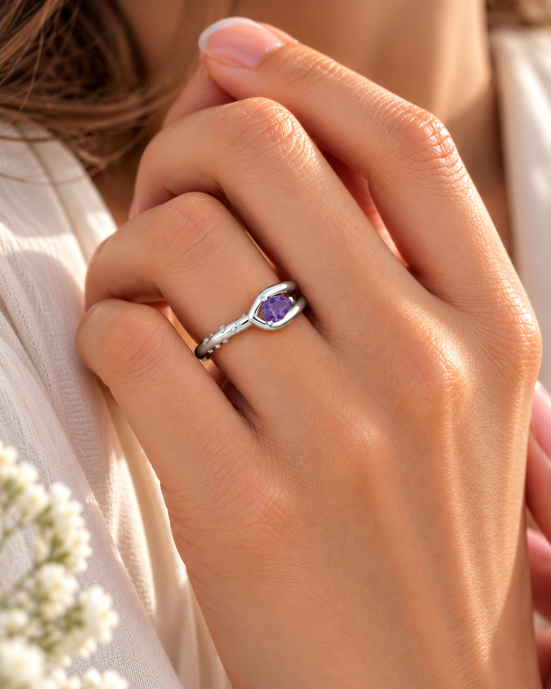 Adjustable Violet Dew Ring with Natural Amethyst & CZ | 925 Sterling Silver