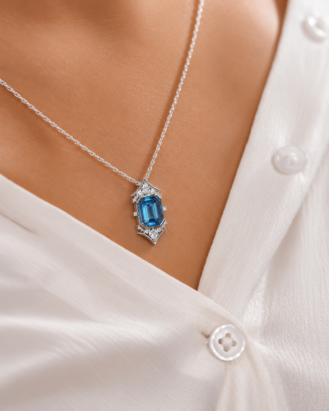 A close-up of a silver necklace with an emerald-cut blue gemstone pendant, worn on a model's neck over a white button-down shirt.