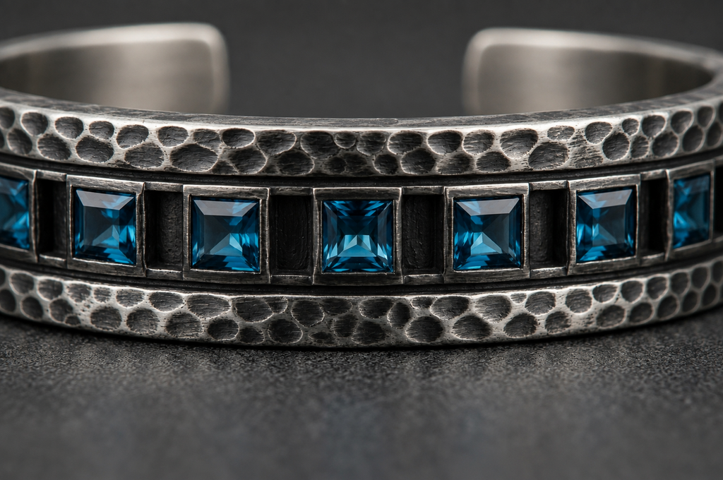 Close-up of natural blue topaz stones set in the Blue Topaz Bar Bracelet