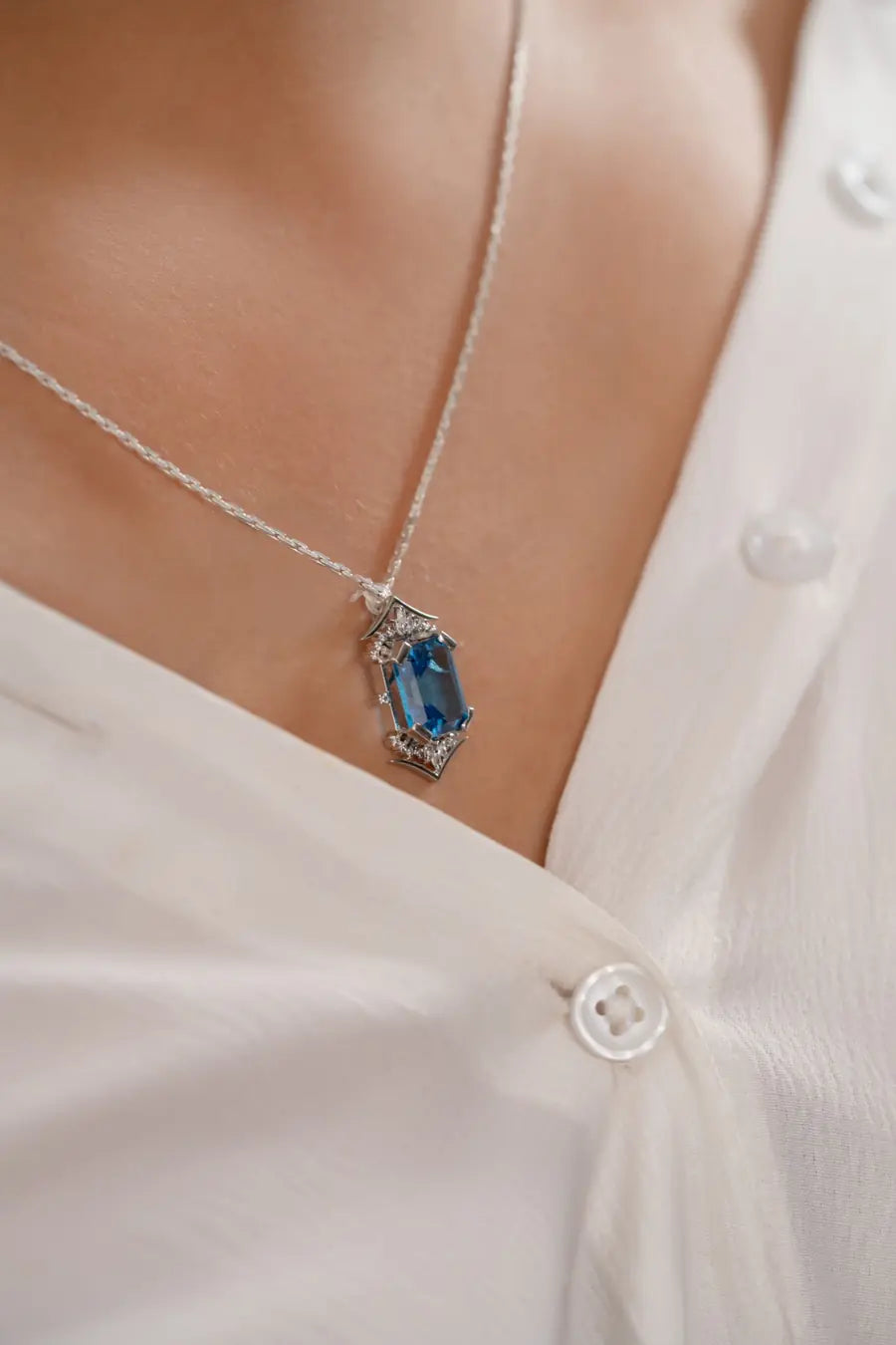 Blue Topaz Art Deco Hexagon Pendant — 925 Sterling Silver - Praise Jewels Pendant