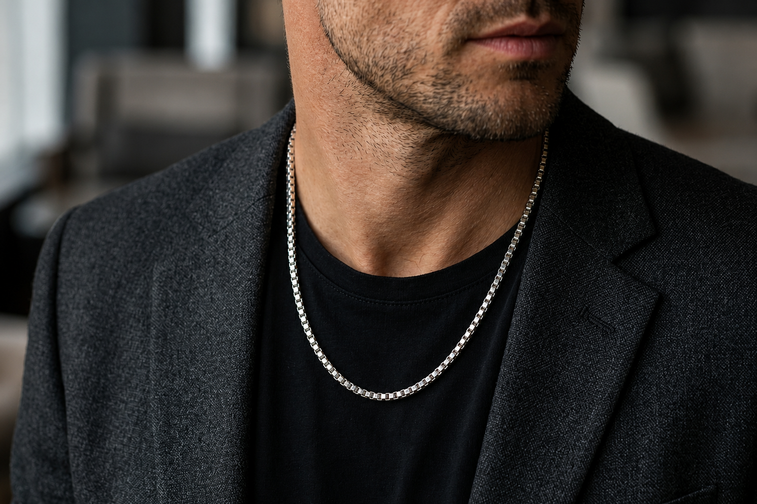 Praise Jewels men's 925 sterling silver box chain necklace worn with black outfit