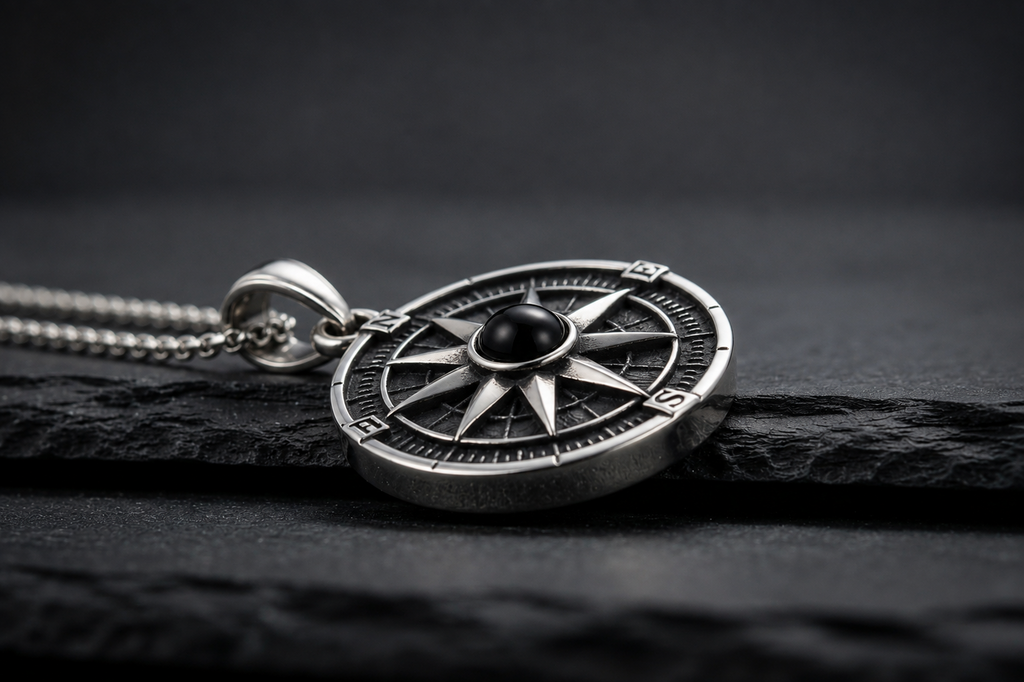 Close-up of the Praise Jewels Compass Pendant showing natural black onyx and compass detailing