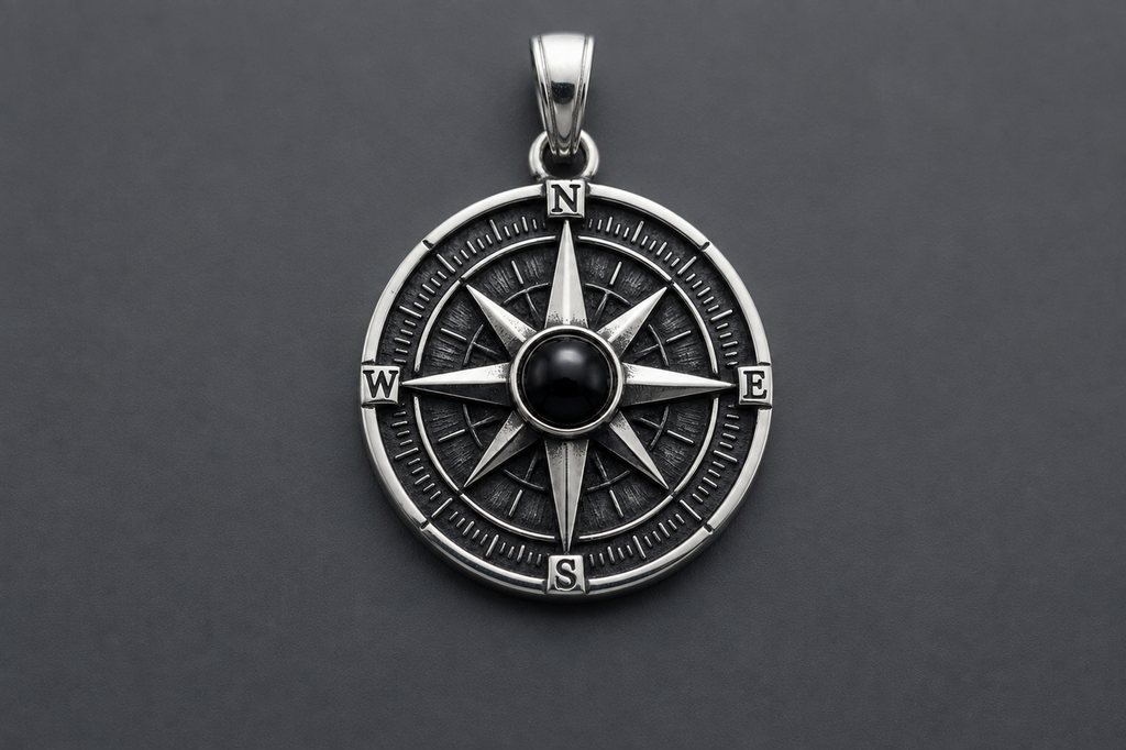 Praise Jewels Compass Pendant in 925 sterling silver with natural black onyx