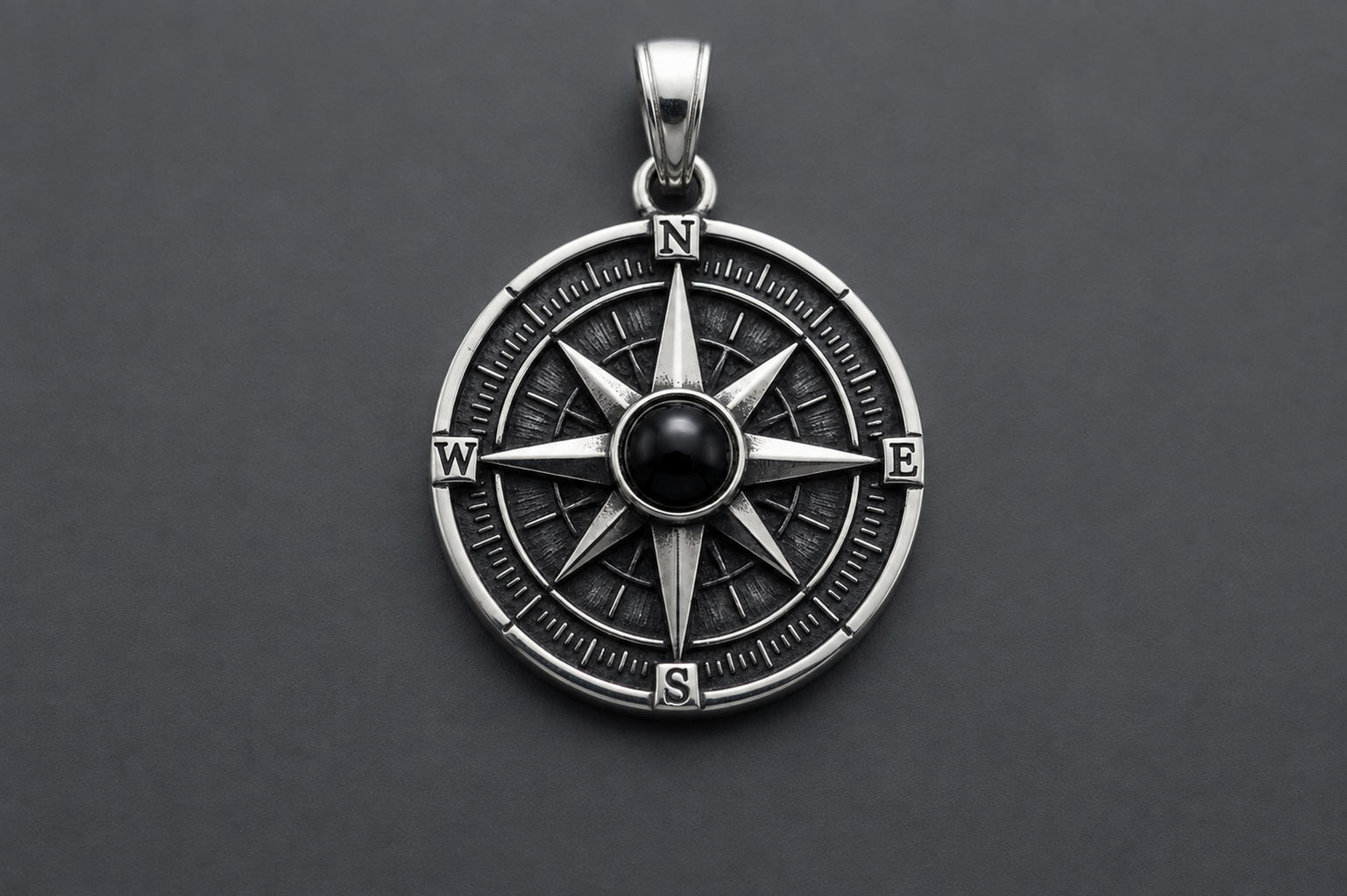Praise Jewels Compass Pendant in 925 sterling silver with natural black onyx