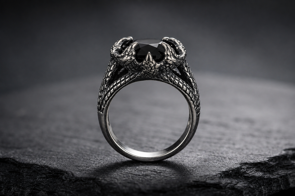 Detailed side view of Praise Jewels Dragon Claw Ring with black onyx