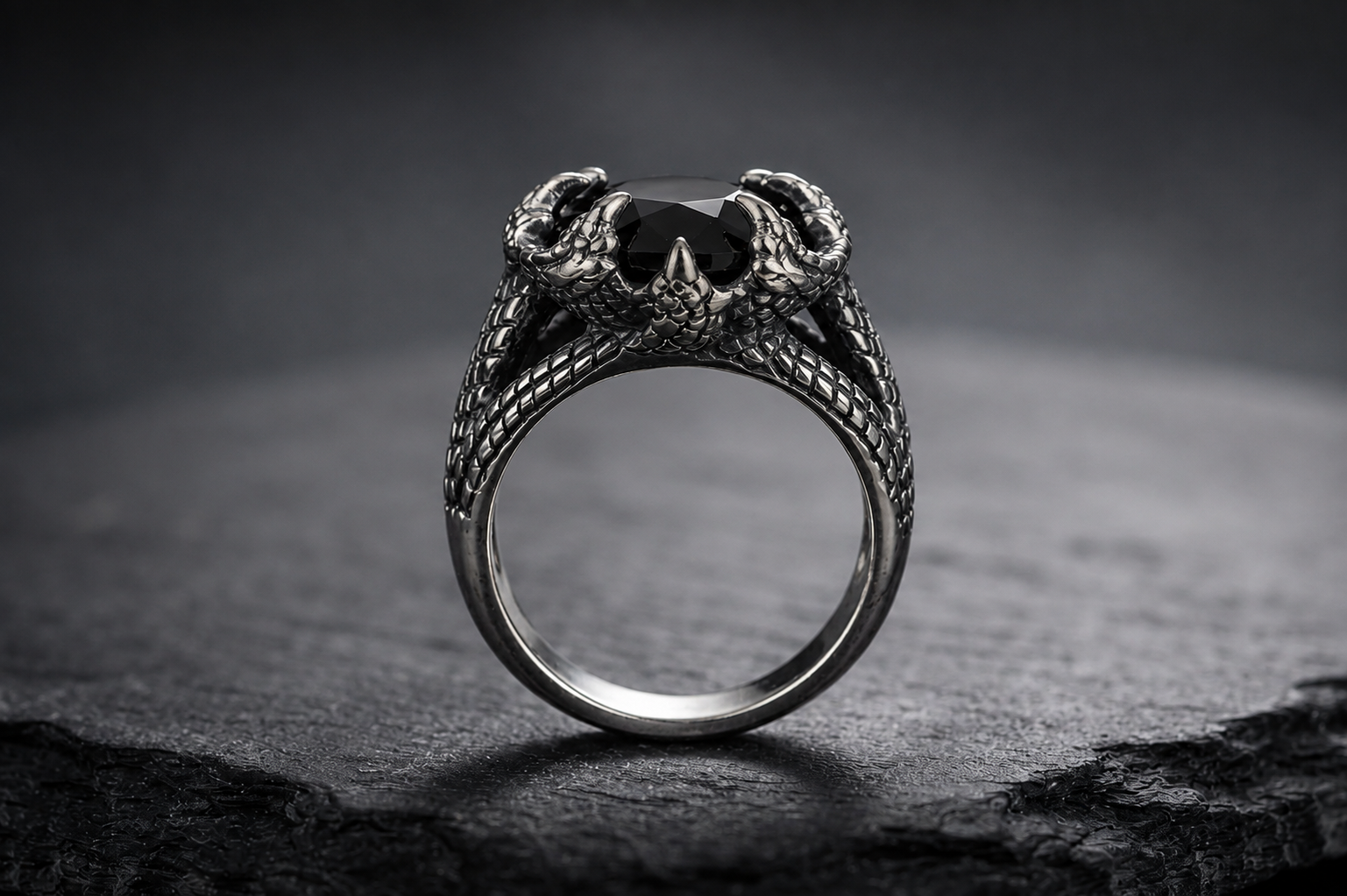 Detailed side view of Praise Jewels Dragon Claw Ring with black onyx