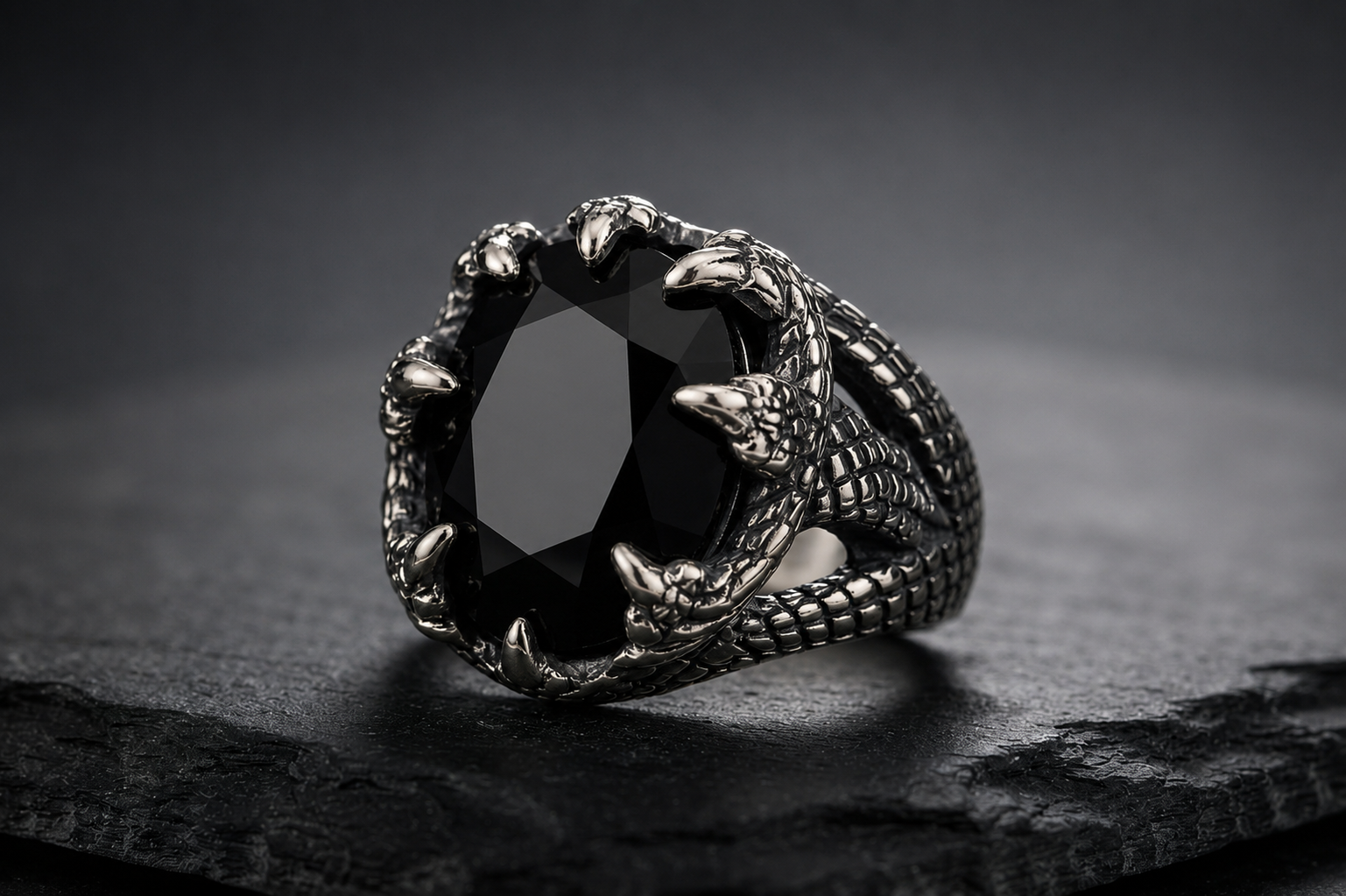 Praise Jewels Dragon Claw Ring in 925 sterling silver with natural black onyx