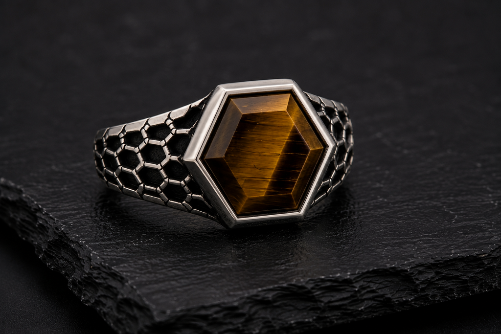 Hex Armor Ring with natural tiger eye in 925 sterling silver - angled view