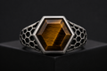 Hex Armor Ring with natural tiger eye in 925 sterling silver - front hero view