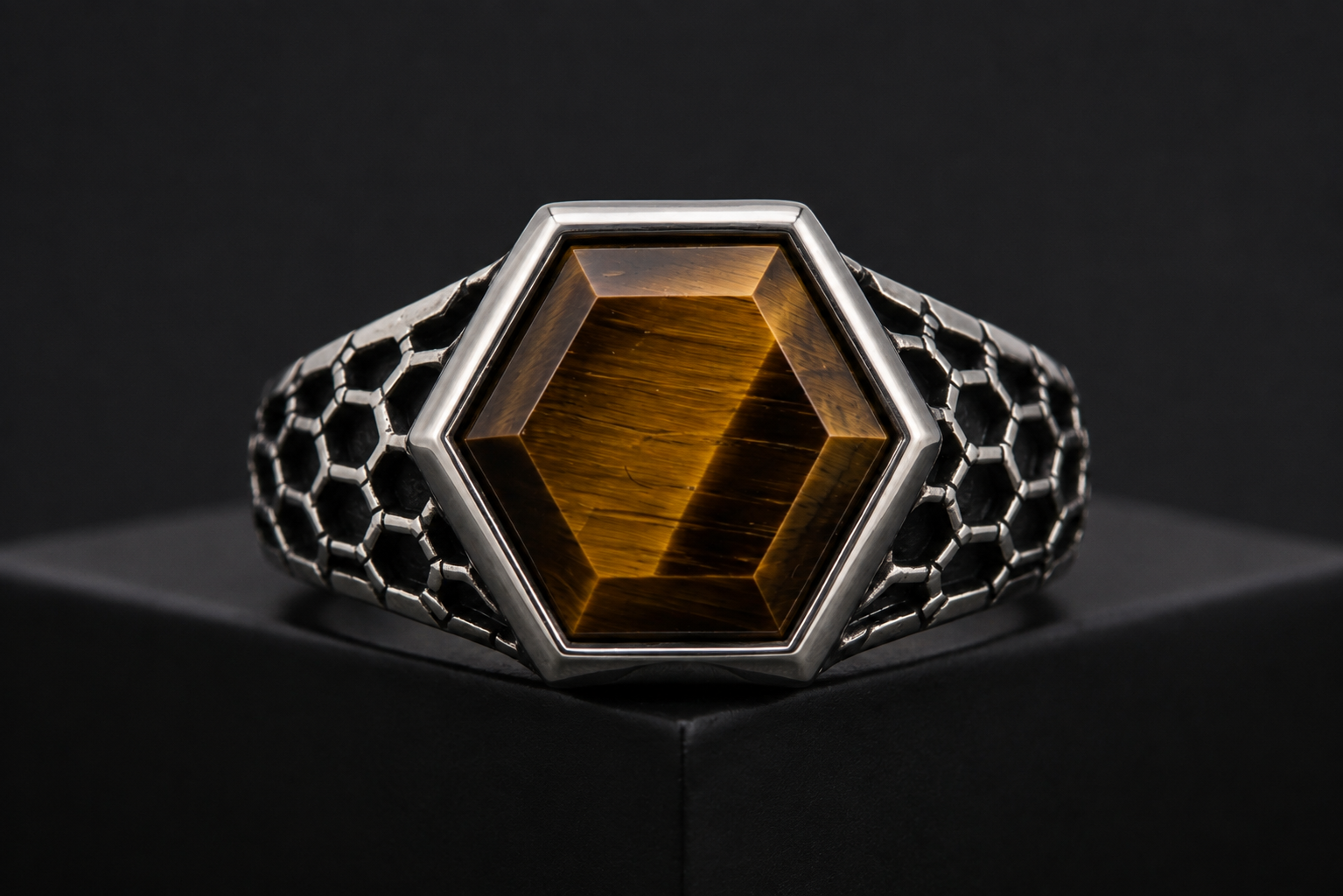 Hex Armor Ring with natural tiger eye in 925 sterling silver - front hero view
