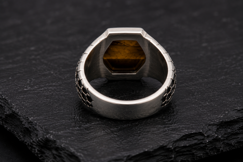 Hex Armor Ring with natural tiger eye in 925 sterling silver - inside view