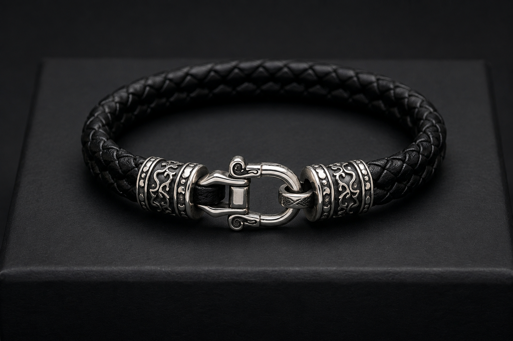 Black braided leather and 925 sterling silver men's bracelet product photo