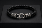 Black braided leather and 925 sterling silver men's bracelet product photo