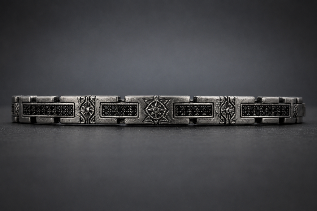 Front detail of Praise Jewels Meteor Bracelet showing natural black spinel panels