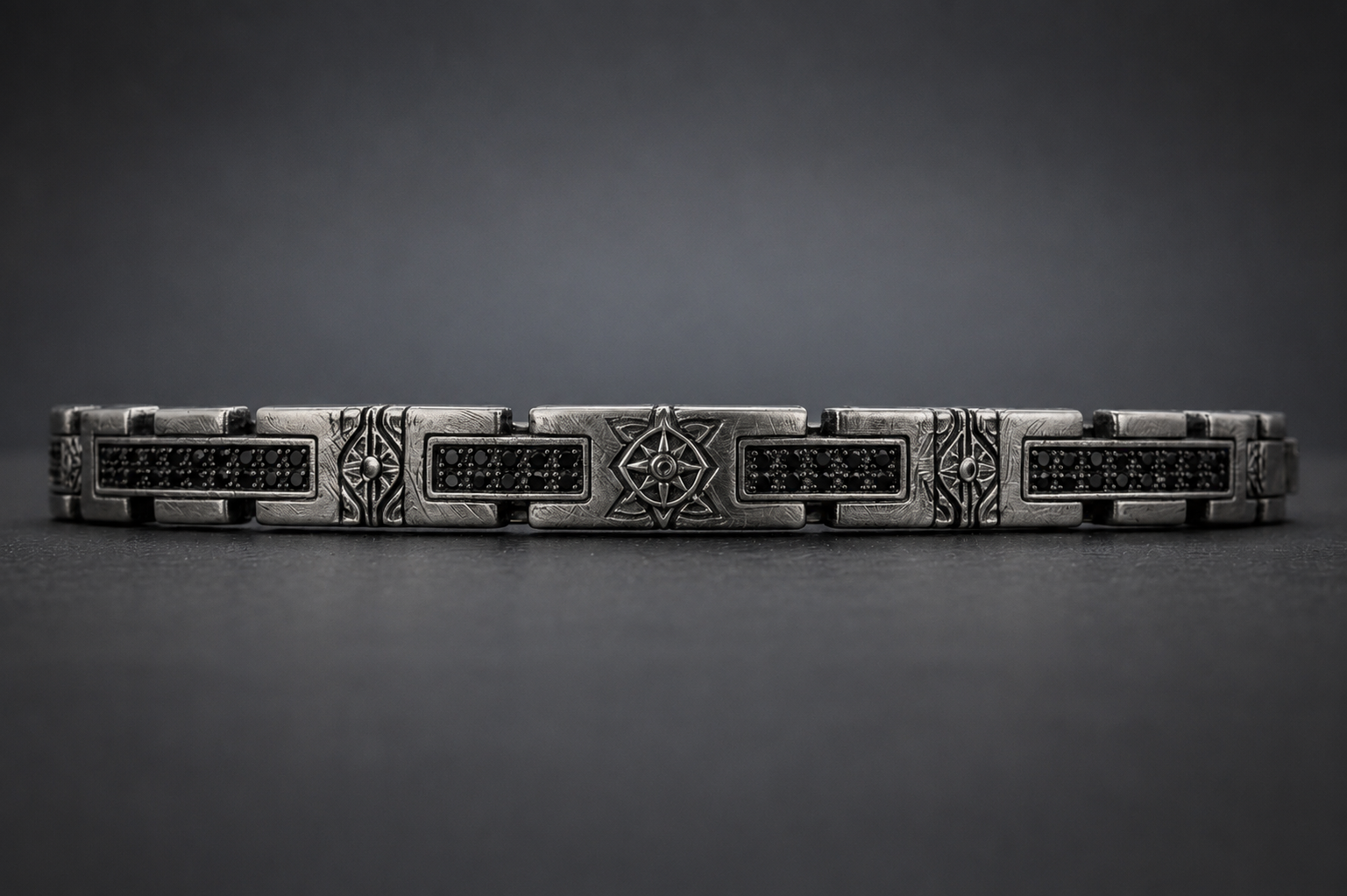 Front detail of Praise Jewels Meteor Bracelet showing natural black spinel panels