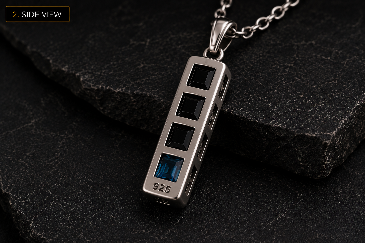 Side view of Praise Jewels Monolith Bar Pendant in 925 sterling silver