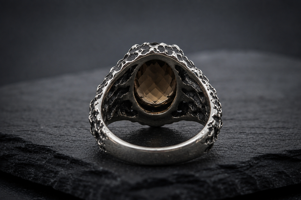 Back view of Praise Jewels Mountain Peak Ring showing natural smoky quartz setting