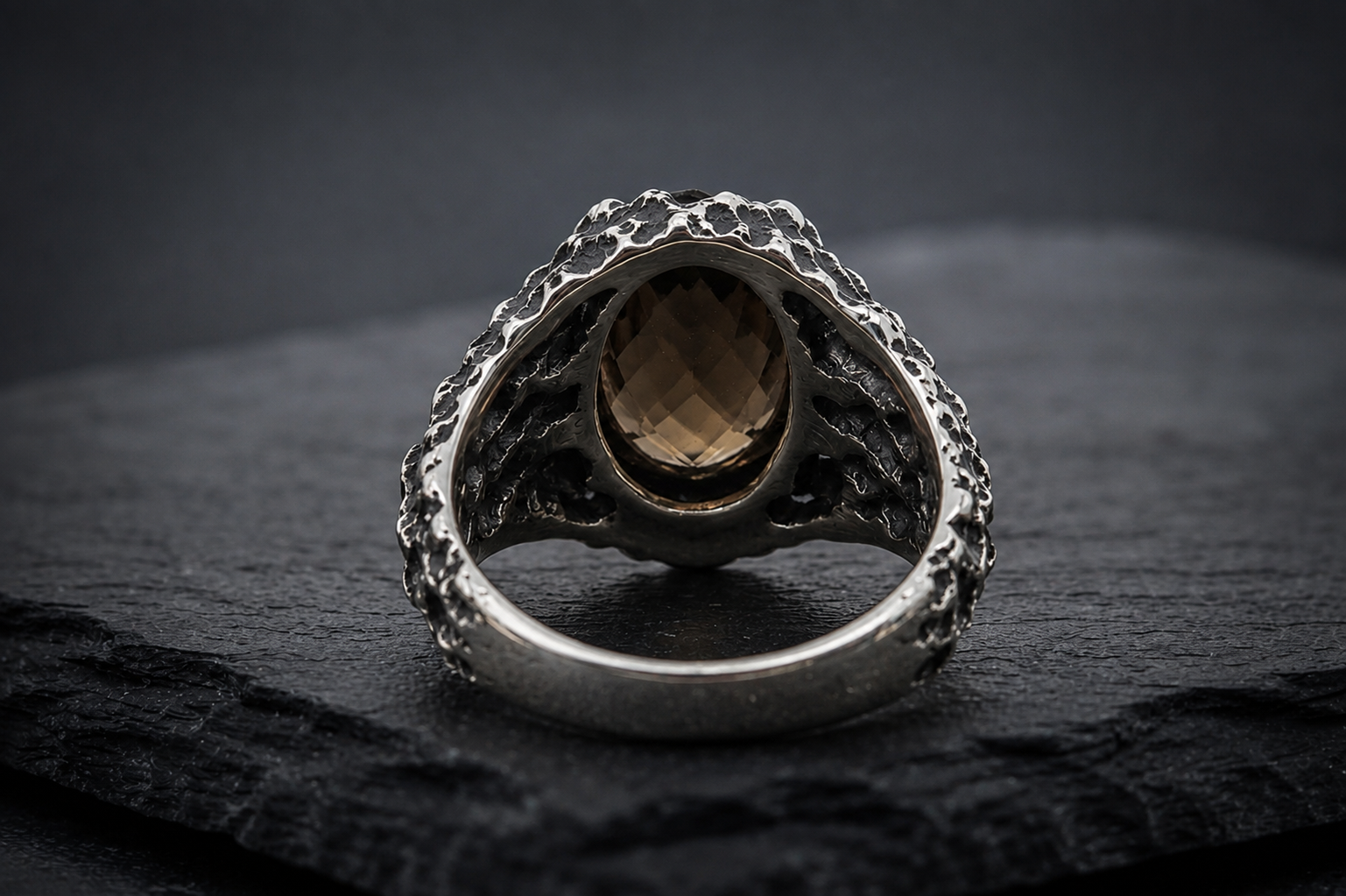 Back view of Praise Jewels Mountain Peak Ring showing natural smoky quartz setting
