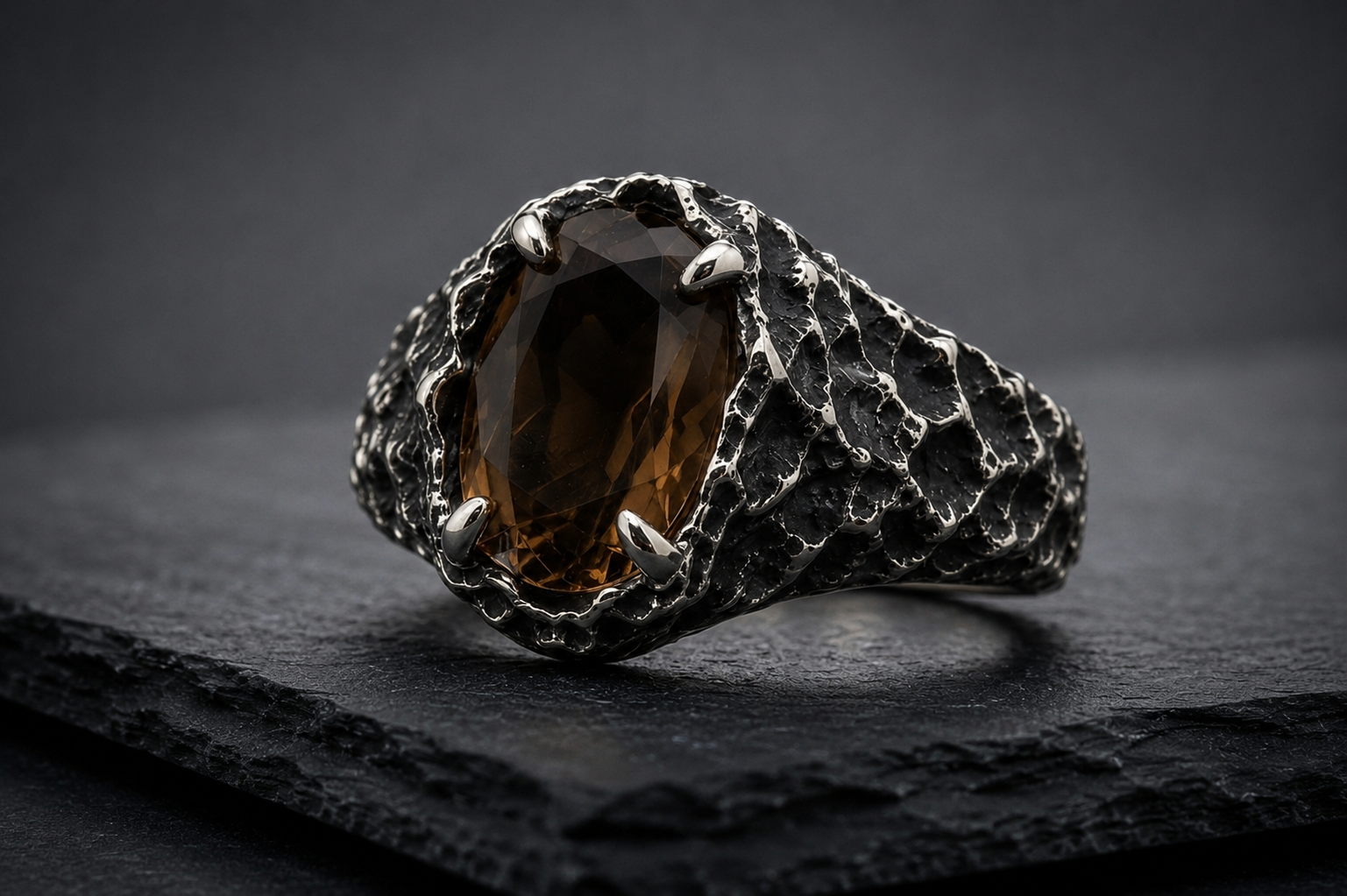 Detailed front view of Praise Jewels Mountain Peak Ring with natural smoky quartz