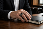Praise Jewels Mountain Peak Ring worn by a man in a tailored suit