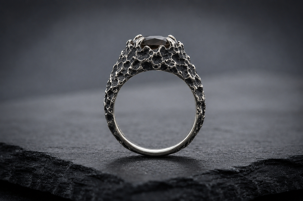 Side profile of Praise Jewels Mountain Peak Ring in oxidized sterling silver