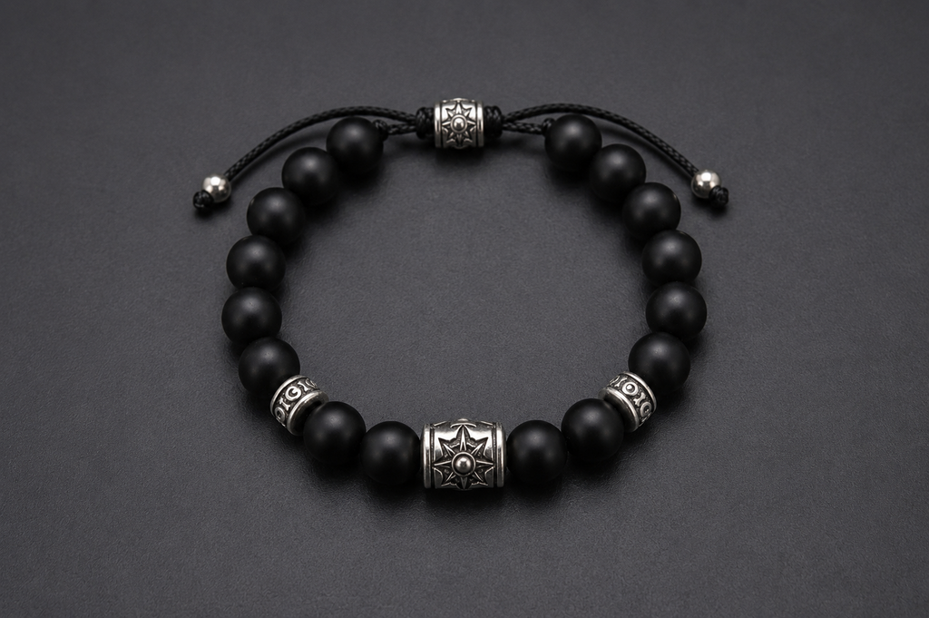 Nero Black Onyx Bead Bracelet with compass design sterling silver beads
