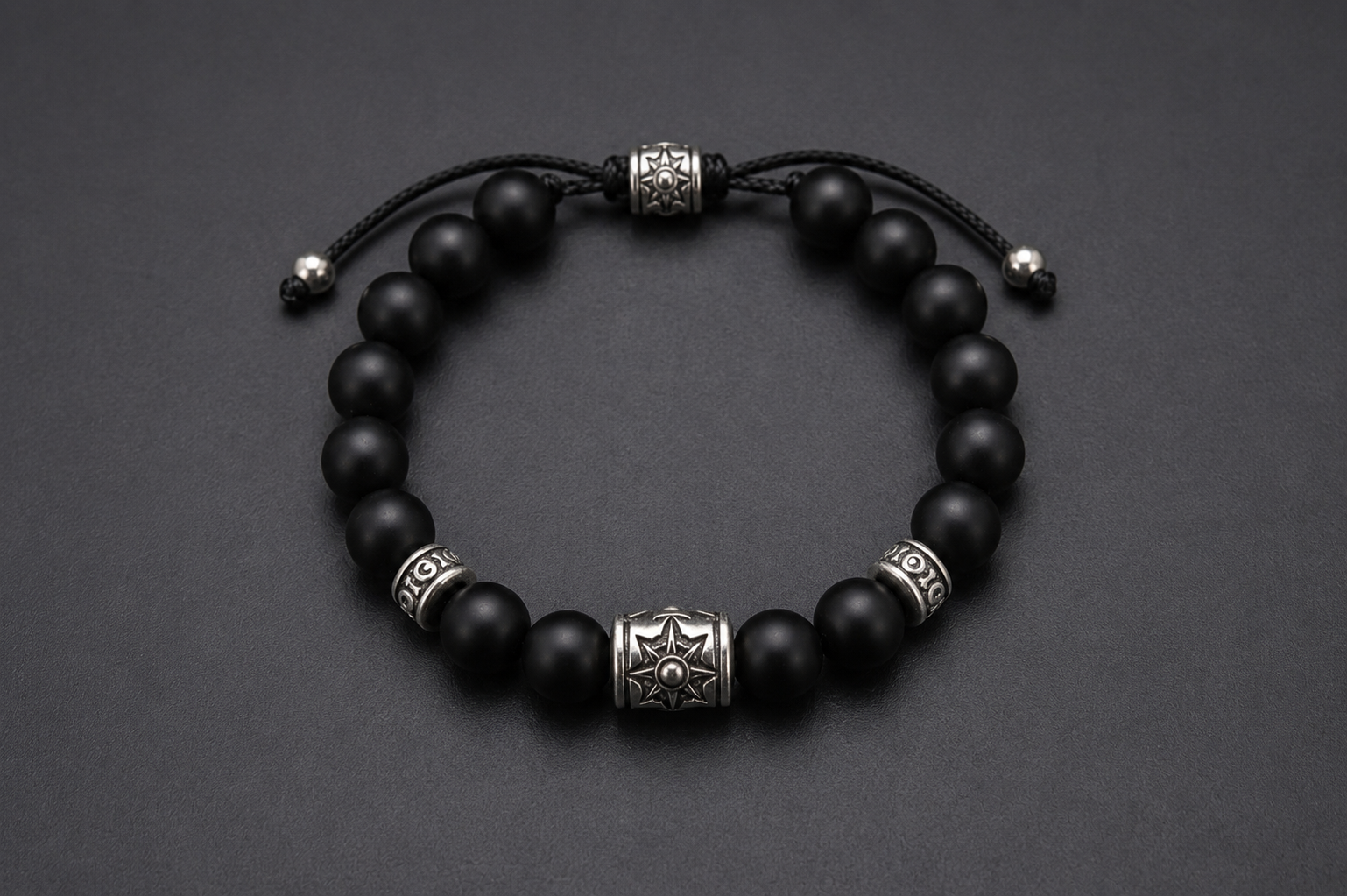 Nero Black Onyx Bead Bracelet with compass design sterling silver beads