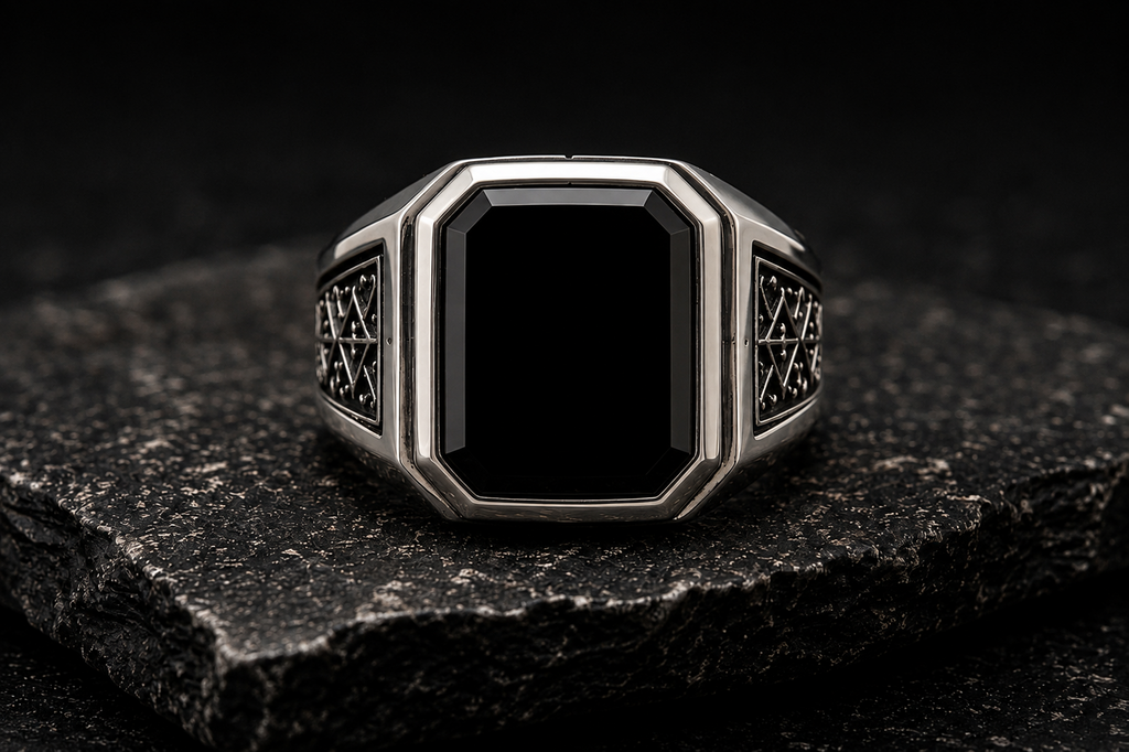 Obsidian Signet Ring front view in 925 sterling silver with black onyx