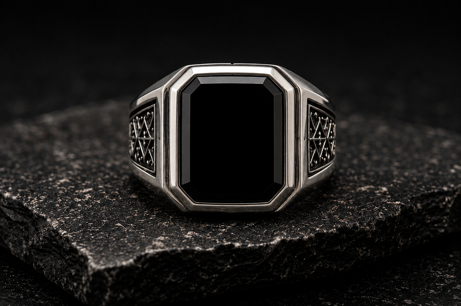 Obsidian Signet Ring front view in 925 sterling silver with black onyx