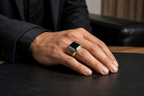 Obsidian Signet Ring with natural black onyx worn by a man