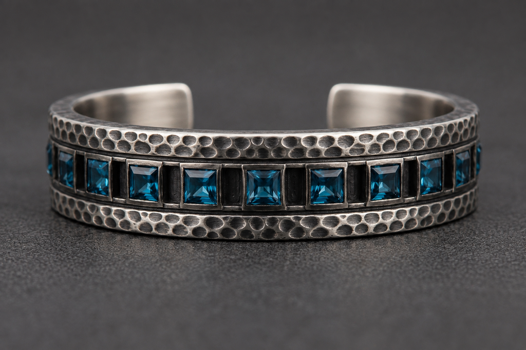925 sterling silver Blue Topaz Bar Bracelet with natural blue topaz stones, front view