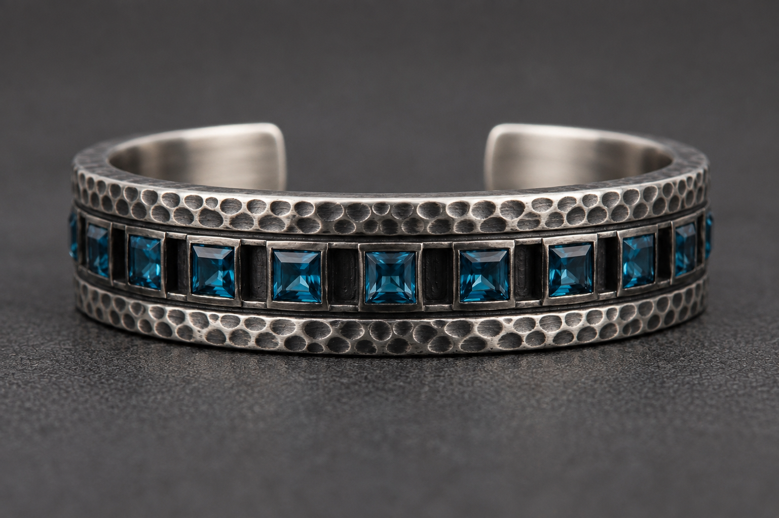 925 sterling silver Blue Topaz Bar Bracelet with natural blue topaz stones, front view