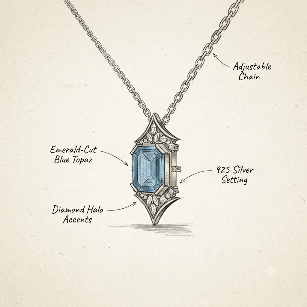 Illustrated pendant necklace with a blue topaz gemstone in a silver setting, shown with callout labels reading 'Emerald-Cut Blue Topaz,' '925 Silver Setting,' 'Diamond Halo Accents,' and 'Adjustable Chain' on a light beige textured background.