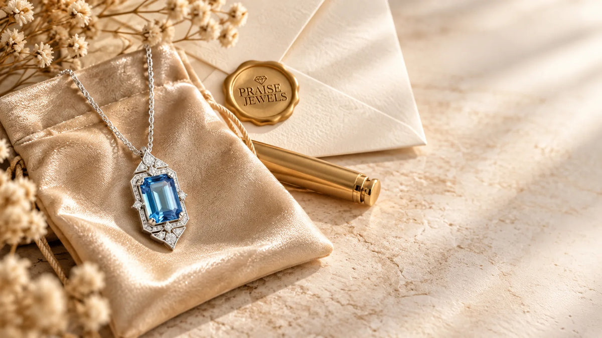 Emerald-cut blue gemstone pendant in 925 sterling silver with a diamond-style halo, resting on a champagne satin pouch beside a cream envelope with a gold wax seal