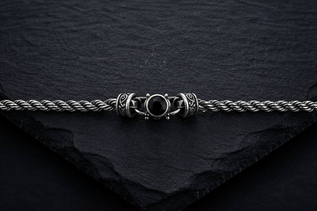 Close-up detail of Praise Jewels black spinel necklace