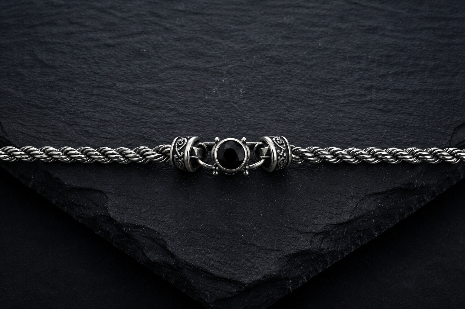 Close-up detail of Praise Jewels black spinel necklace