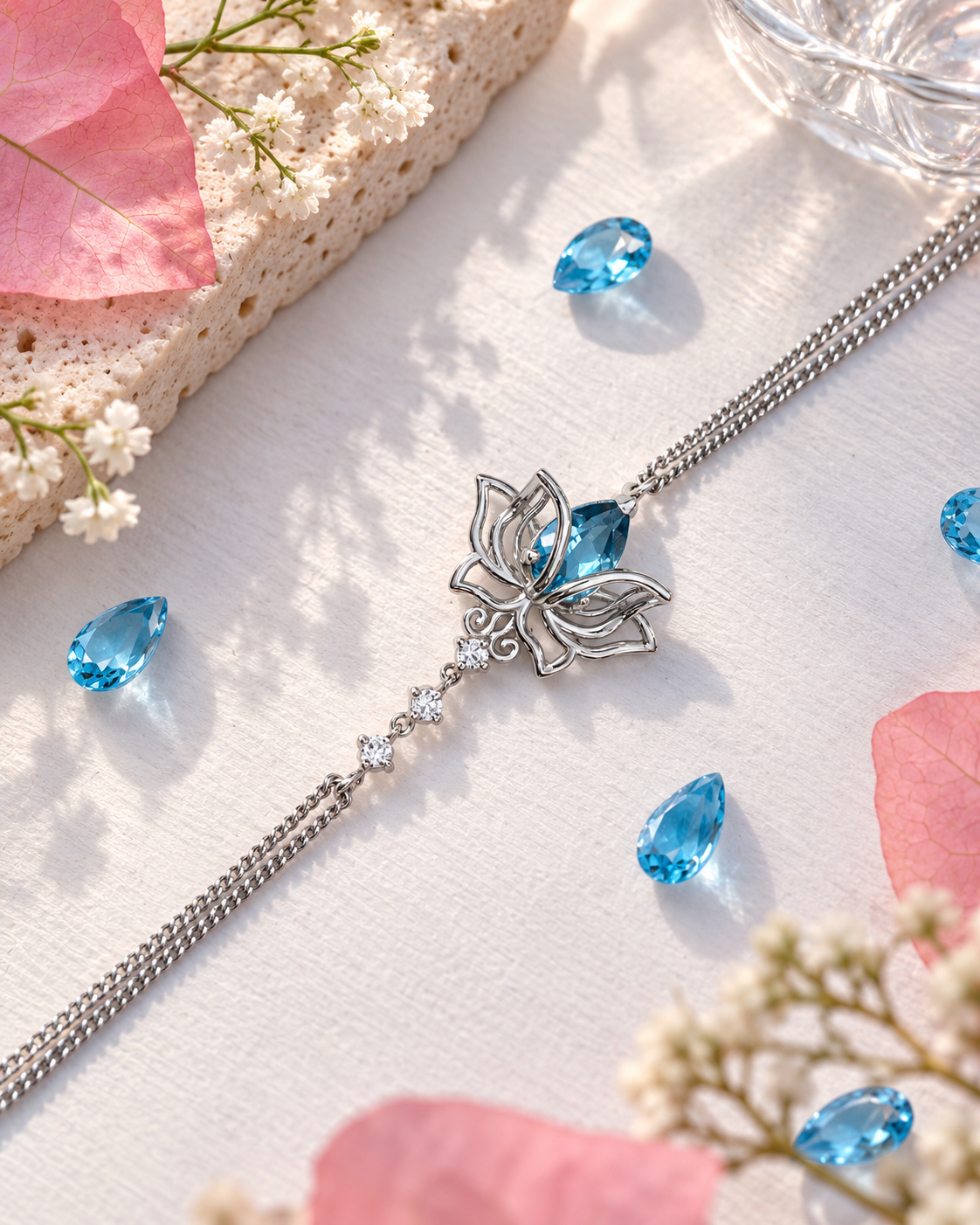 A silver-toned chain bracelet with a butterfly-shaped charm and blue gemstone accents, styled on a textured white surface with pink petals, small white flowers, and scattered blue stones.