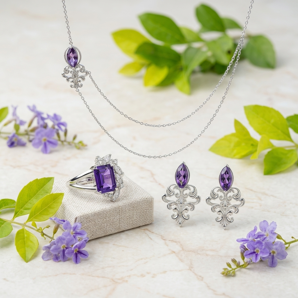 The Amethyst Collection – Amethyst Necklace, Earrings & Ring Set