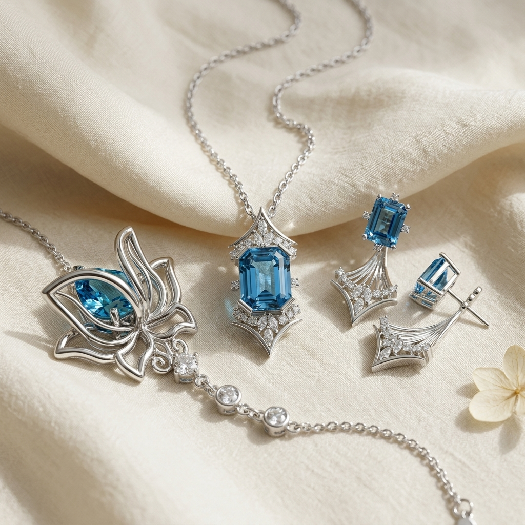The Blue Hour Set bundle featuring a blue topaz necklace, bracelet, and earrings in 925 sterling silver